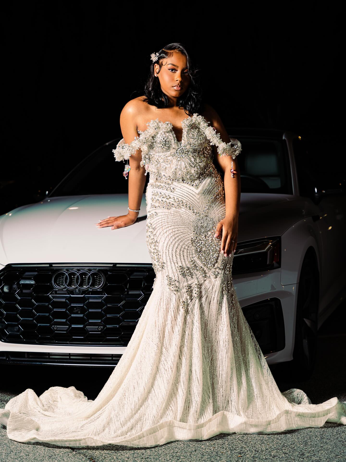 White & Silver Spiral Crystal Beaded Off-Shoulder Mermaid Prom Dress with Lace Train-LLELLA