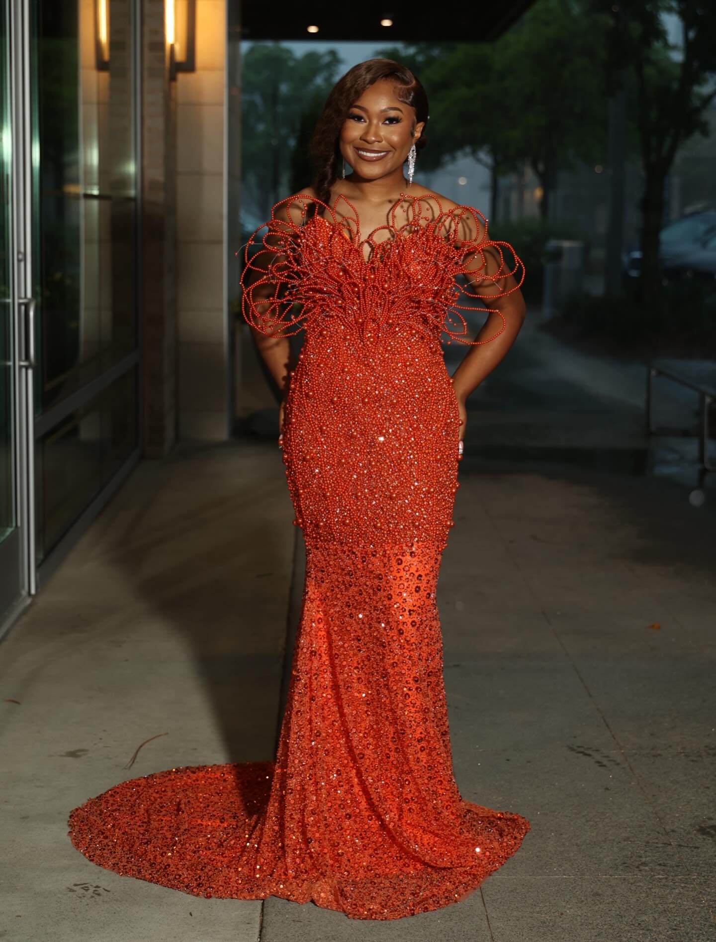 Exceeding Expectations – Burnt Orange 3D Spiral Beaded Tendril Off-Shoulder Crystal Mermaid Prom Dress