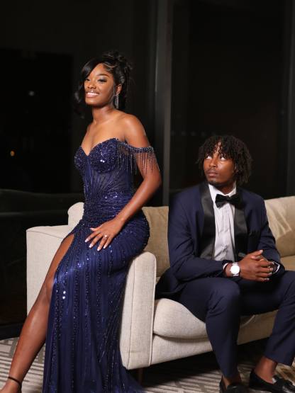 Navy Blue Off-Shoulder Sequin Beaded Mermaid Prom Dress with Crystal Fringe Details