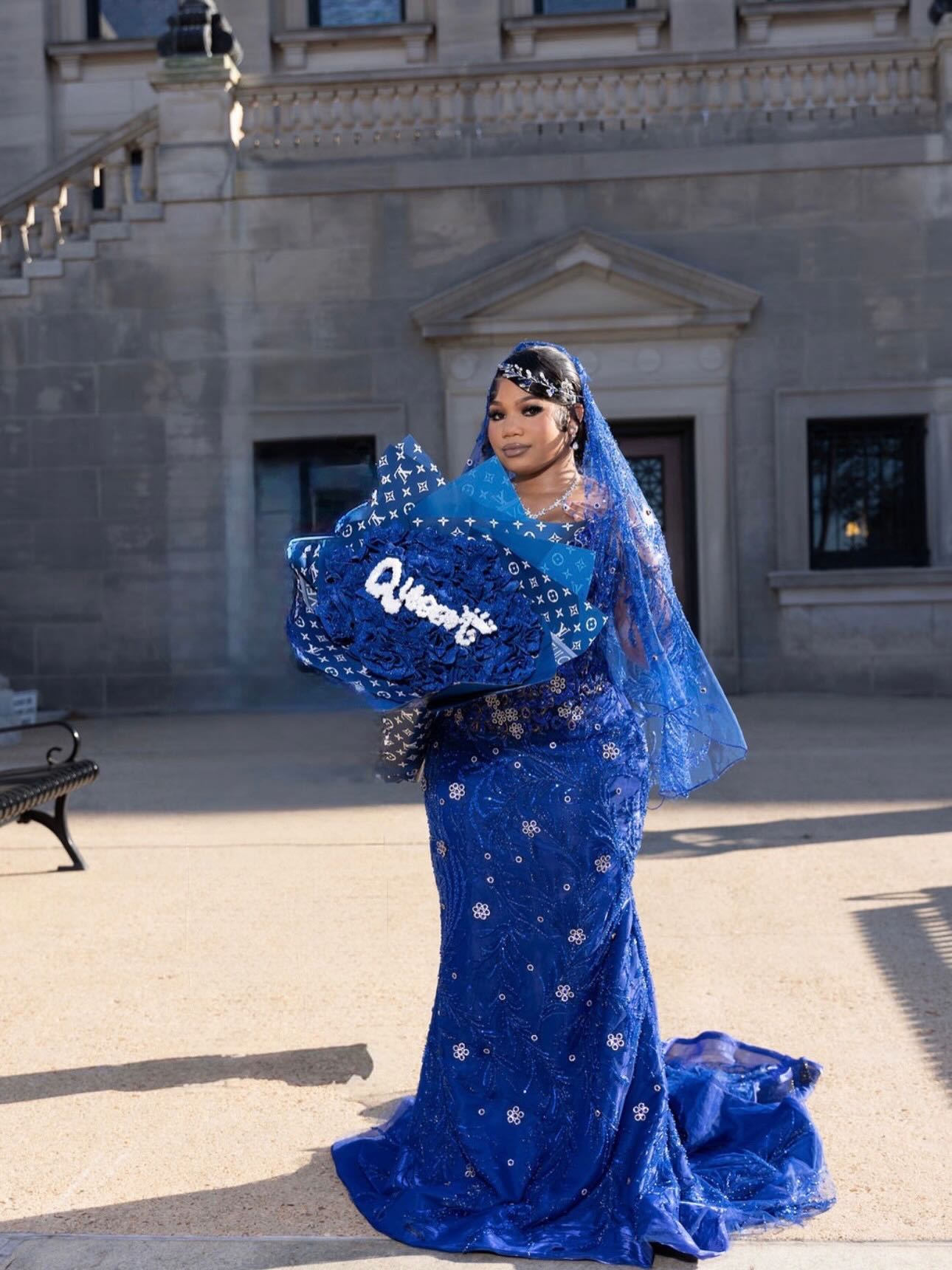Royal Blue 3D Rose Floral Crystal Beaded Long Sleeve Mermaid Prom Dress with Custom Cathedral Train and Veil