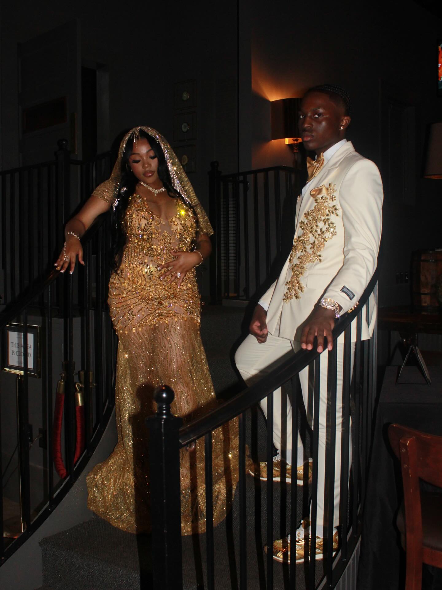 Gold Sequin Beaded Sheer Mermaid Prom Dress with Crystal Fringe Cap Sleeves & Cathedral Train