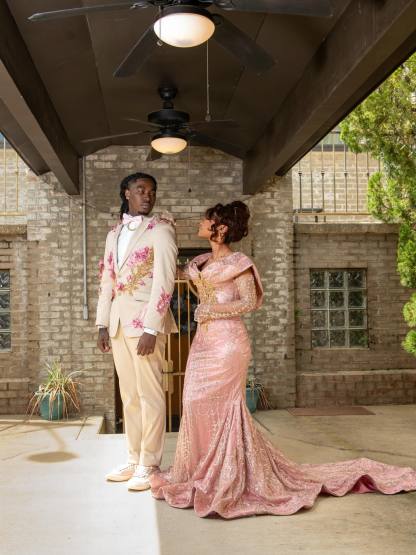 Blush Pink Gold Sequin Lace Off-Shoulder Long Sleeve Mermaid Prom Dress with 3D Floral Bodice