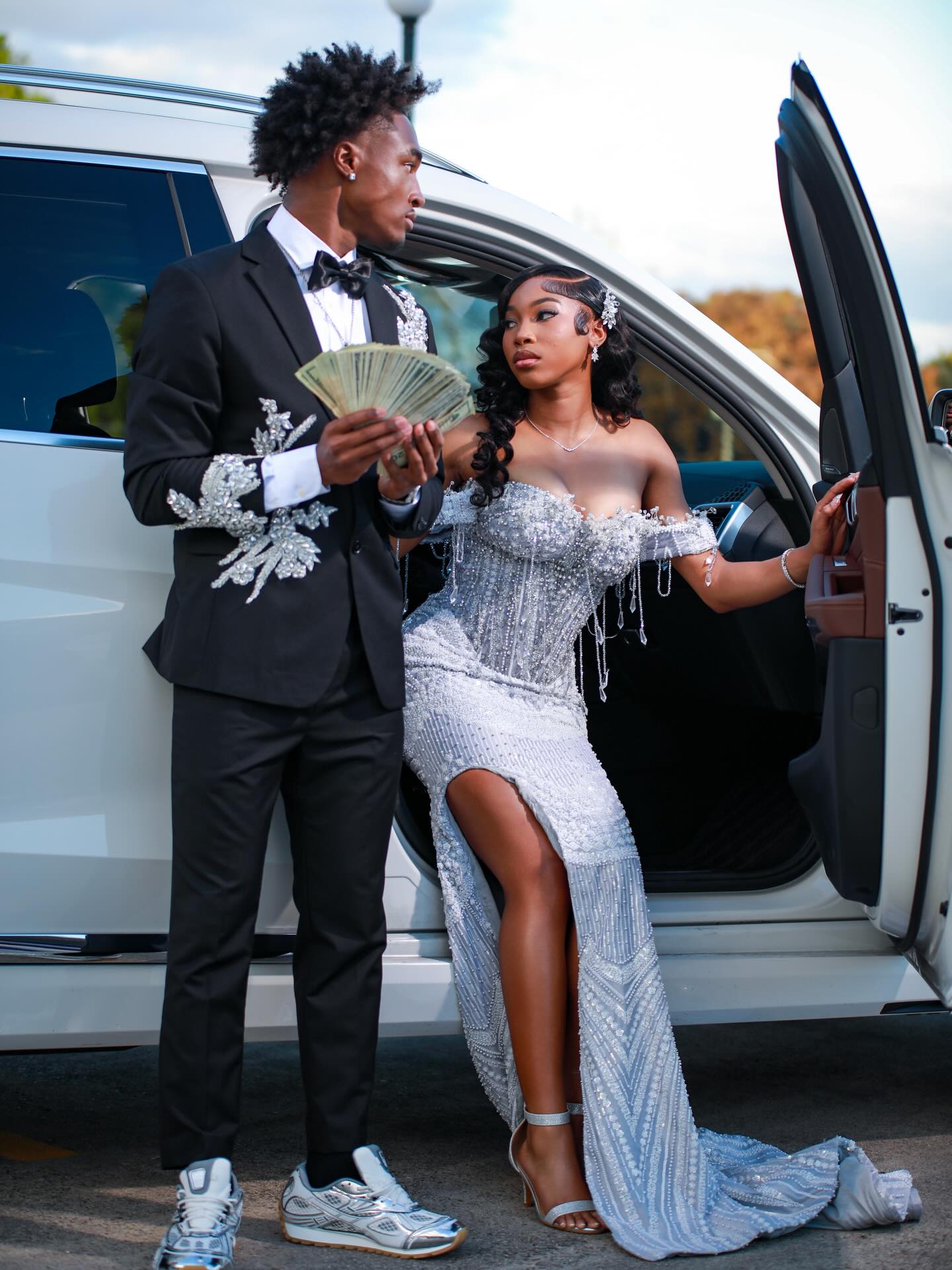 Silver Frost - Silver Crystal Beaded Off-Shoulder Mermaid Prom Dress with Crystal Fringe & Thigh Slit-LLELLA