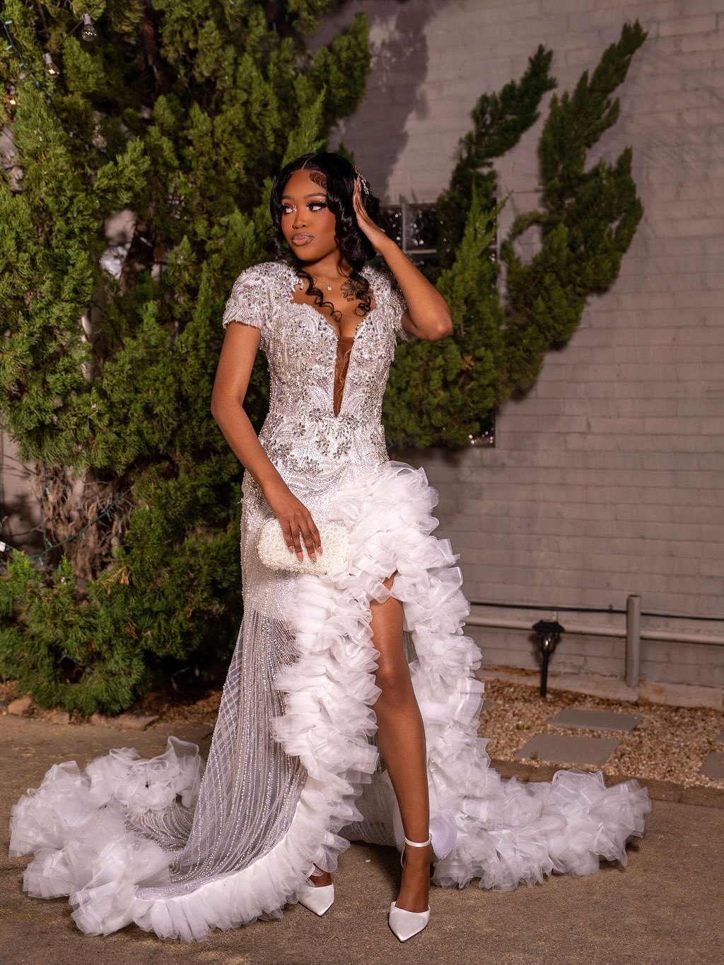 Silver Sequin Beaded Mermaid Gown with Ruffle Train