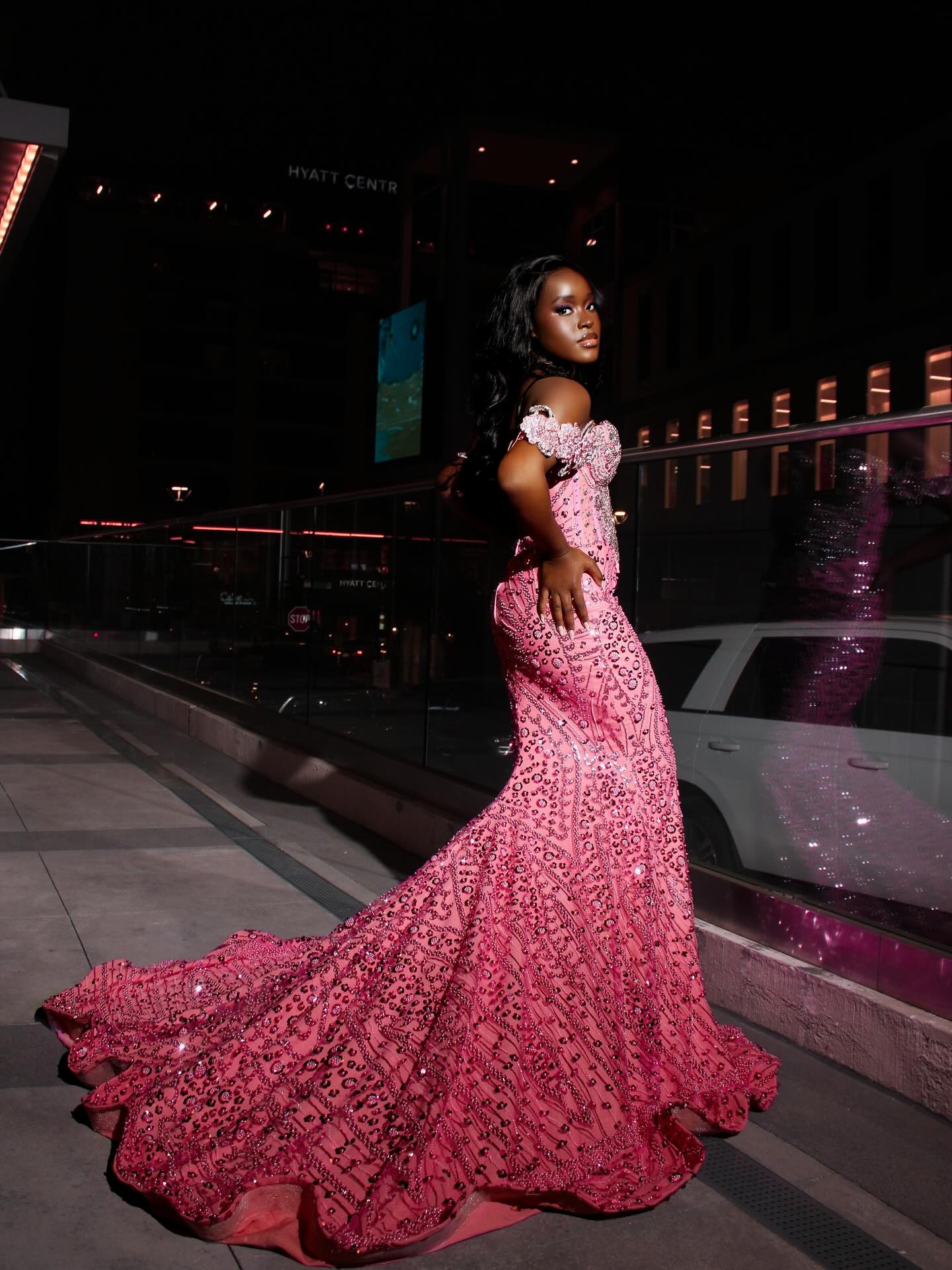 Hot Pink Off-Shoulder Crystal Beaded Mermaid Prom Dress with 3D Floral Applique