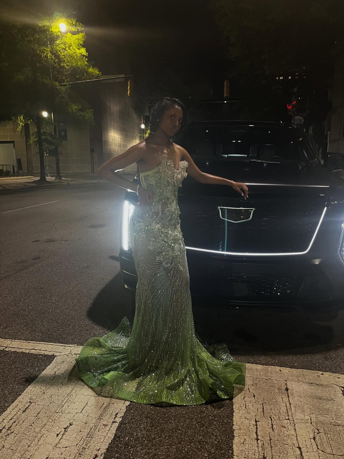 Emerald Enchantress – Sage Green Gold Crystal Beaded Strapless Mermaid Prom Dress with 3D Floral Corset & Lace-Up Back-LLELLA