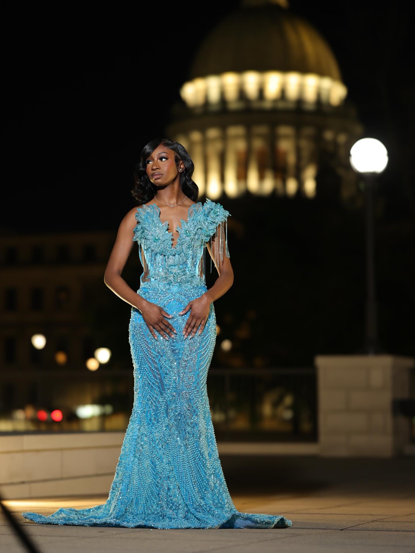 Sky Blue 3D Floral Crystal Chain Fringe Deep V-Neck Sheer Illusion Mermaid Prom Dress