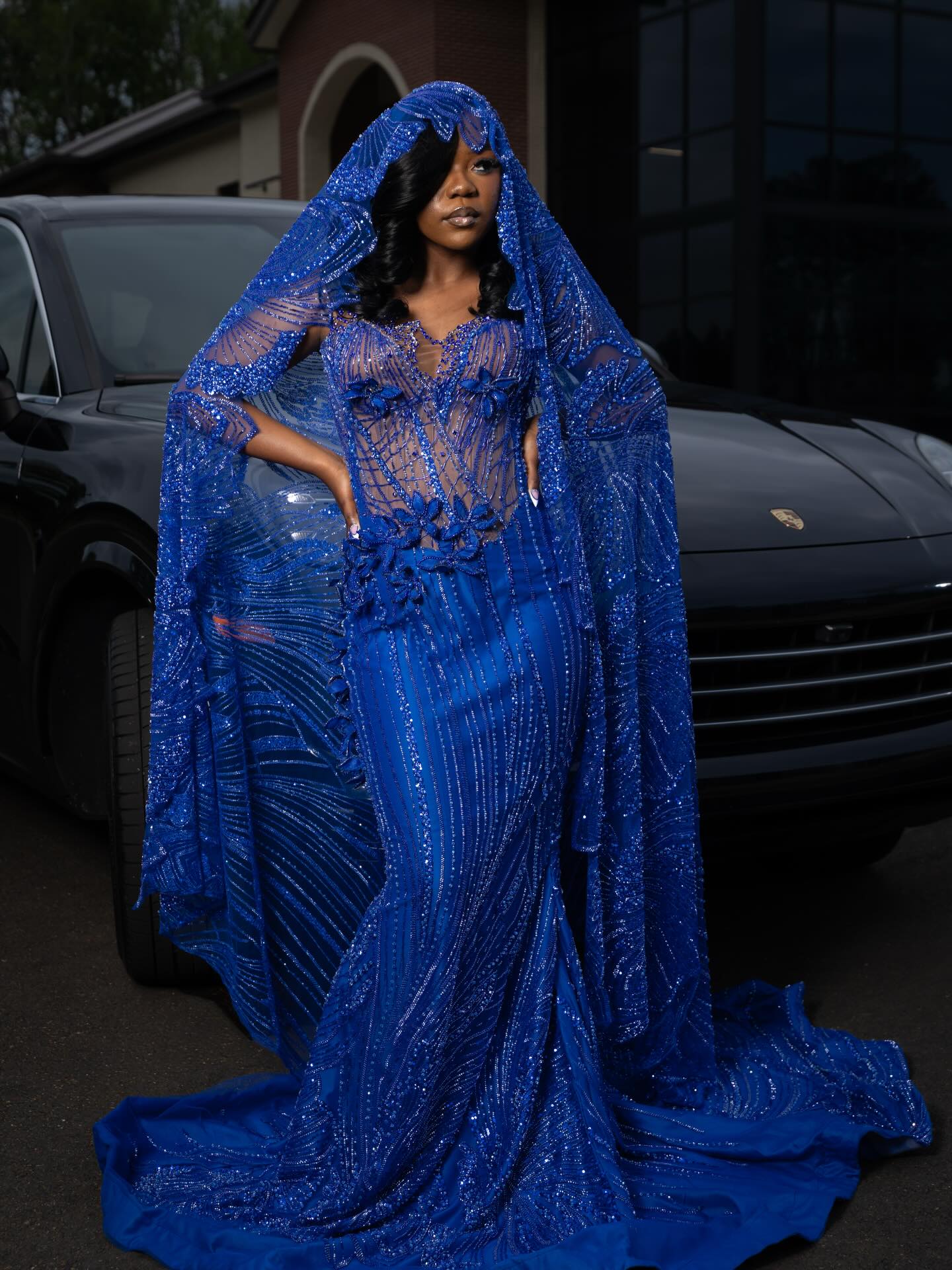 Royal Blue Sequin Beaded Mermaid Prom Dress with Detachable Cape | BK4743