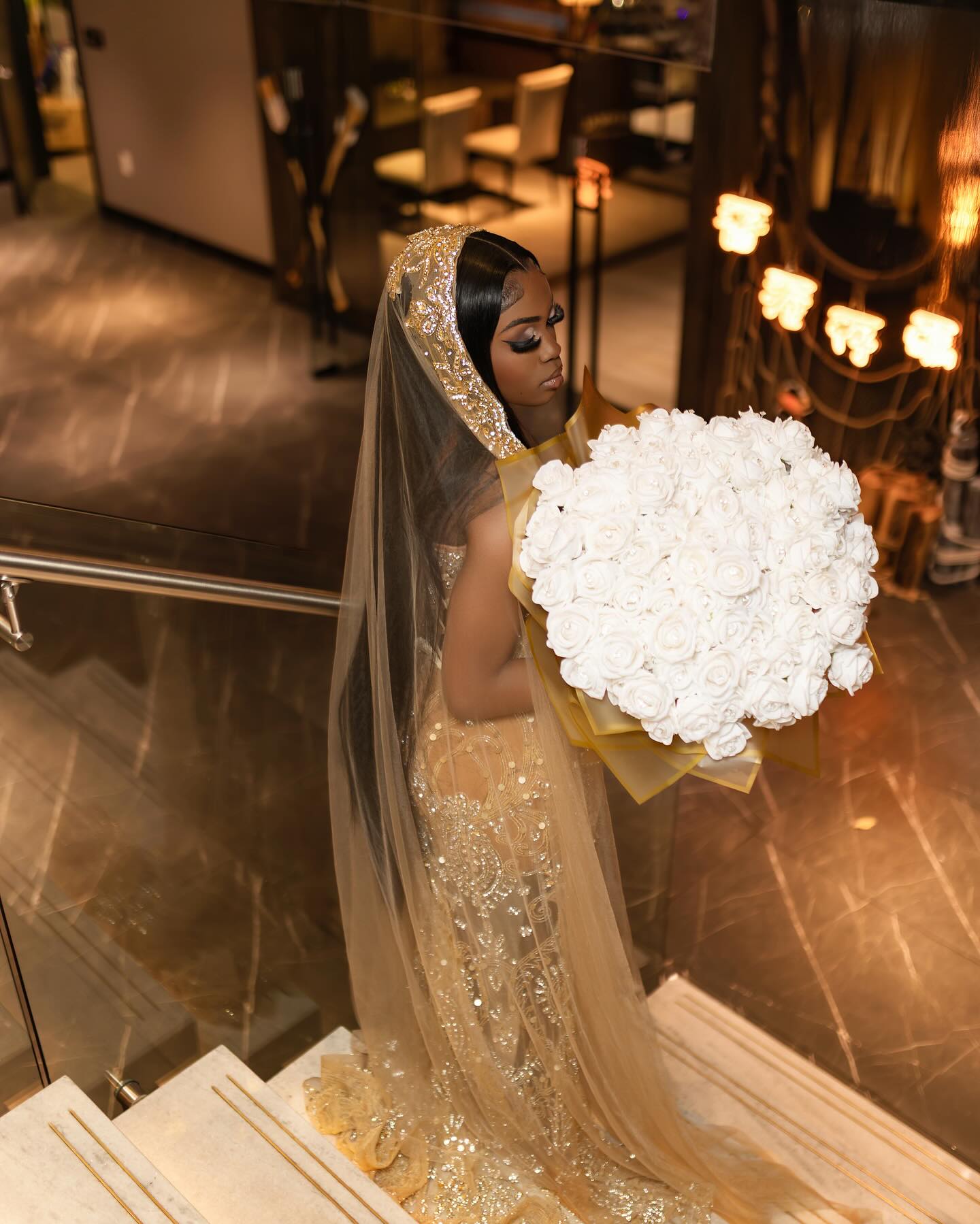 Luxury Champagne Gold Hooded Prom Dress – 3D Floral Appliqué Mermaid Gown with Cathedral Veil & High Slit | 2026 Couture Gala Collection-LLELLA