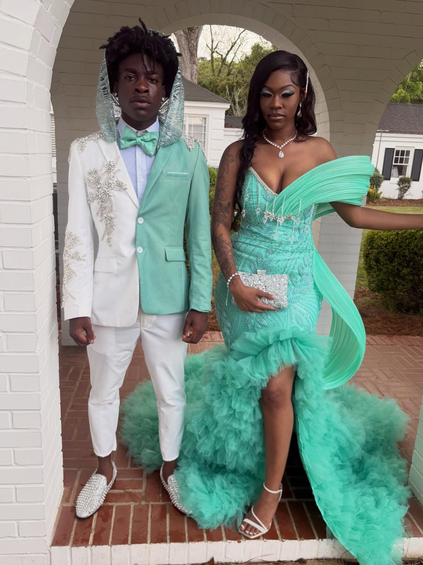 Mint Green Off-Shoulder Sequin Beaded Mermaid Prom Dress with Ruffled Tulle Hi-Lo Train