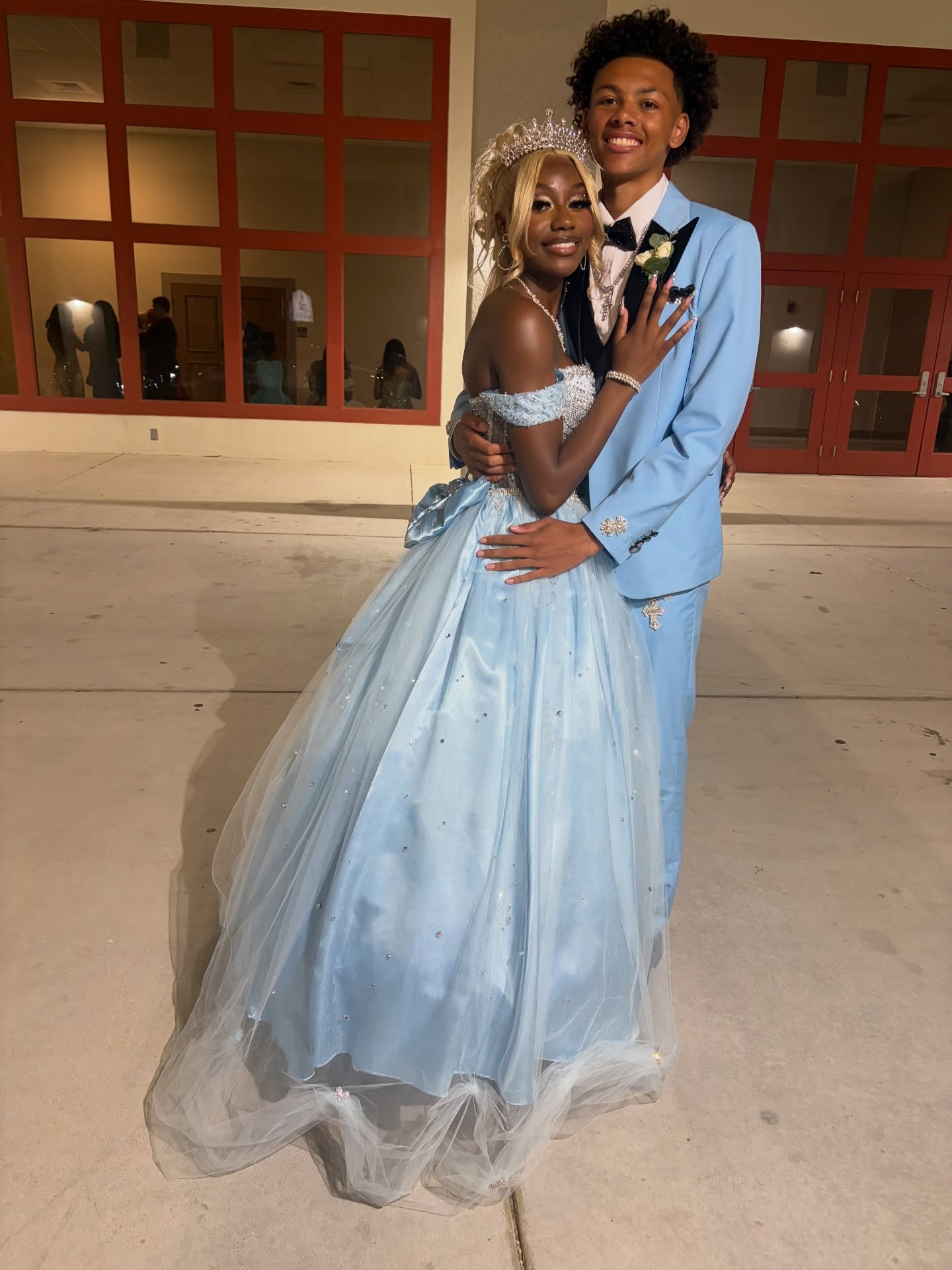 Blue Crystal Beaded Strapless Mermaid Prom Dress with 3D Floral Appliqué & Ruffle Skirt