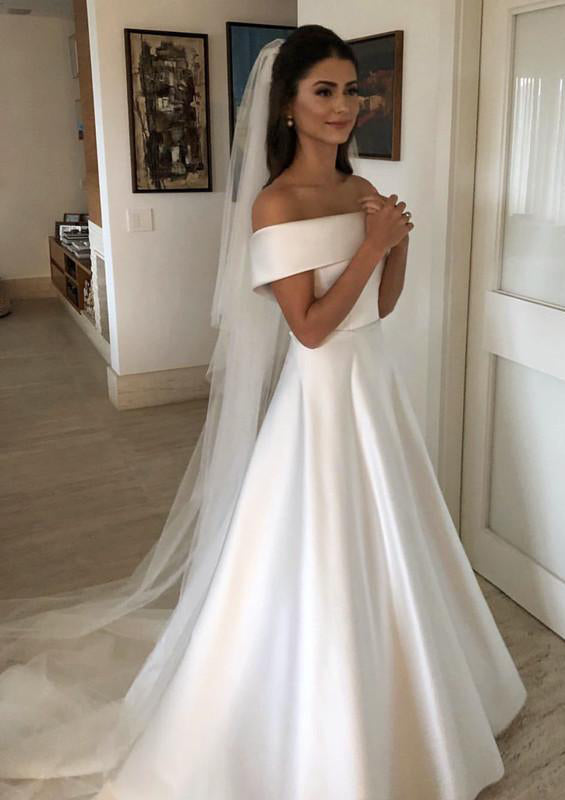 A-Line/Princess Off-the-Shoulder Floor-length Wedding Dress Ivory