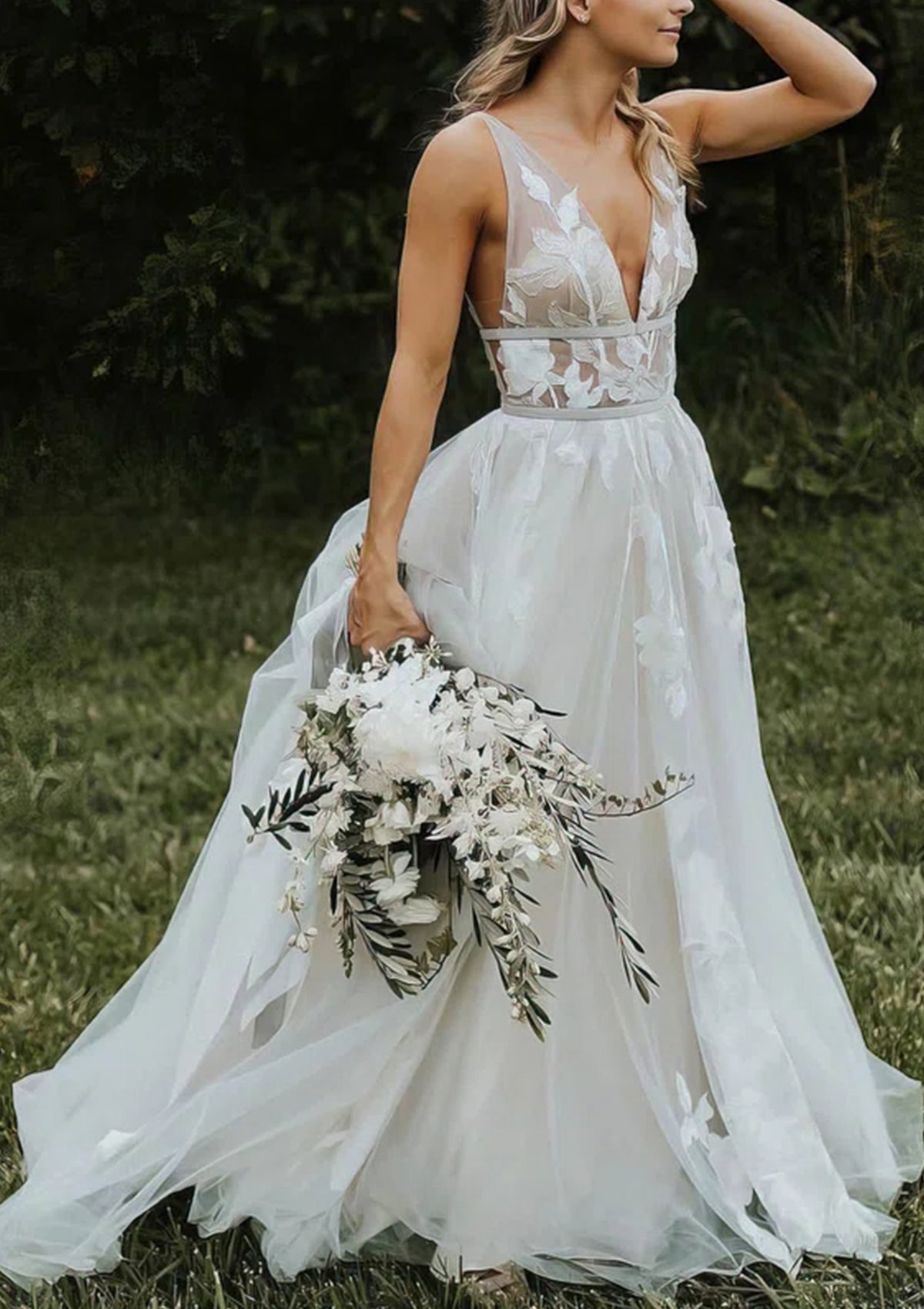 A-Line/Princess V-Neck Floor-length Wedding Dress Ivory
