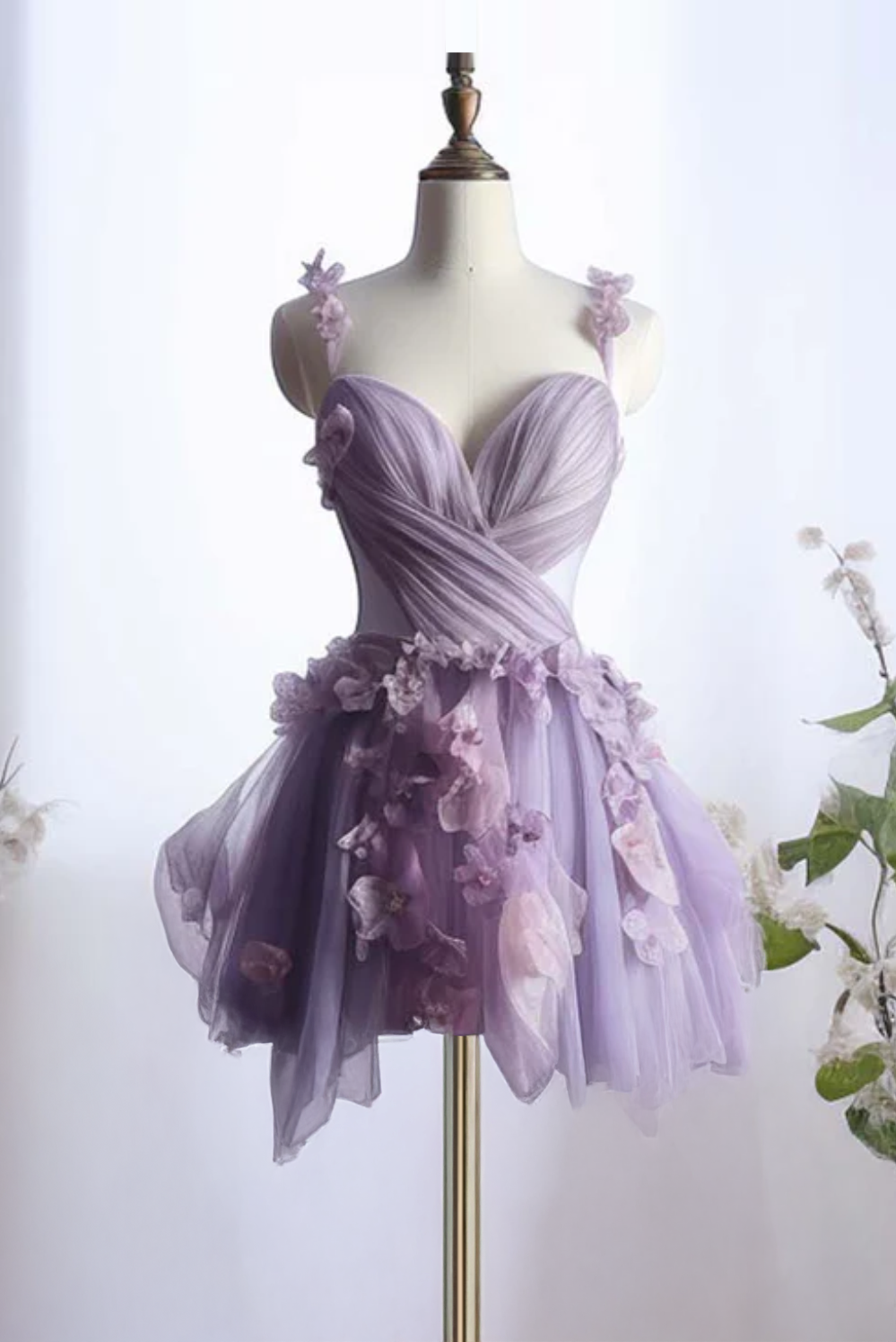 Cute Tulle Lilac Homecoming Dress with Flowers-LLELLA