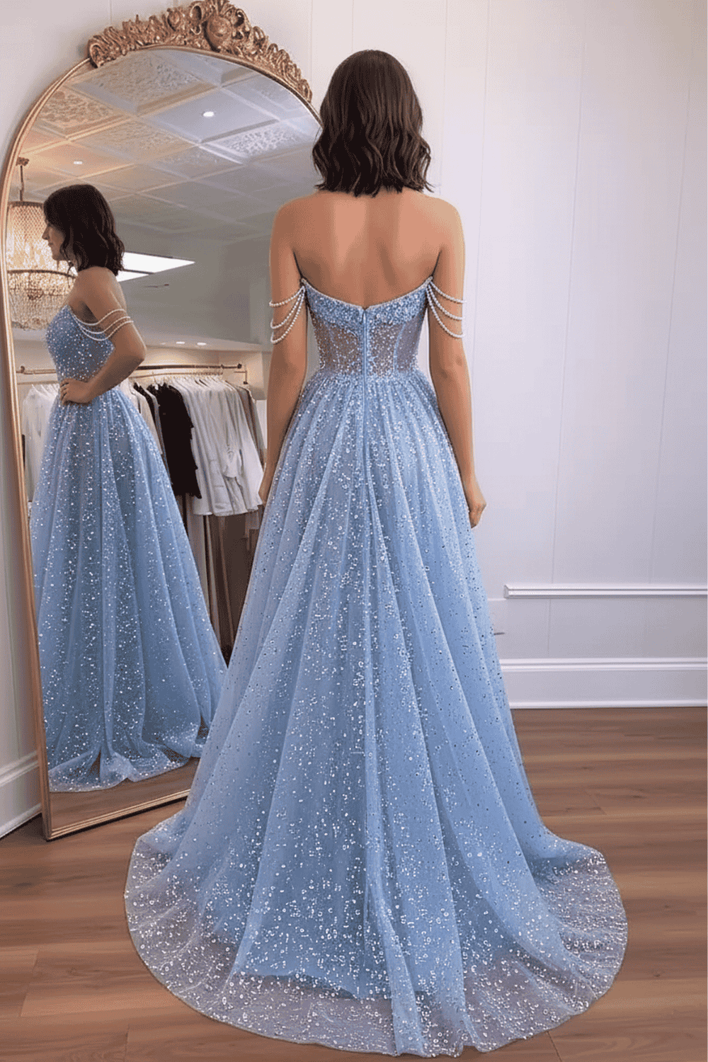 Glitter A line Off the Shoulder Prom Dress-LLELLA