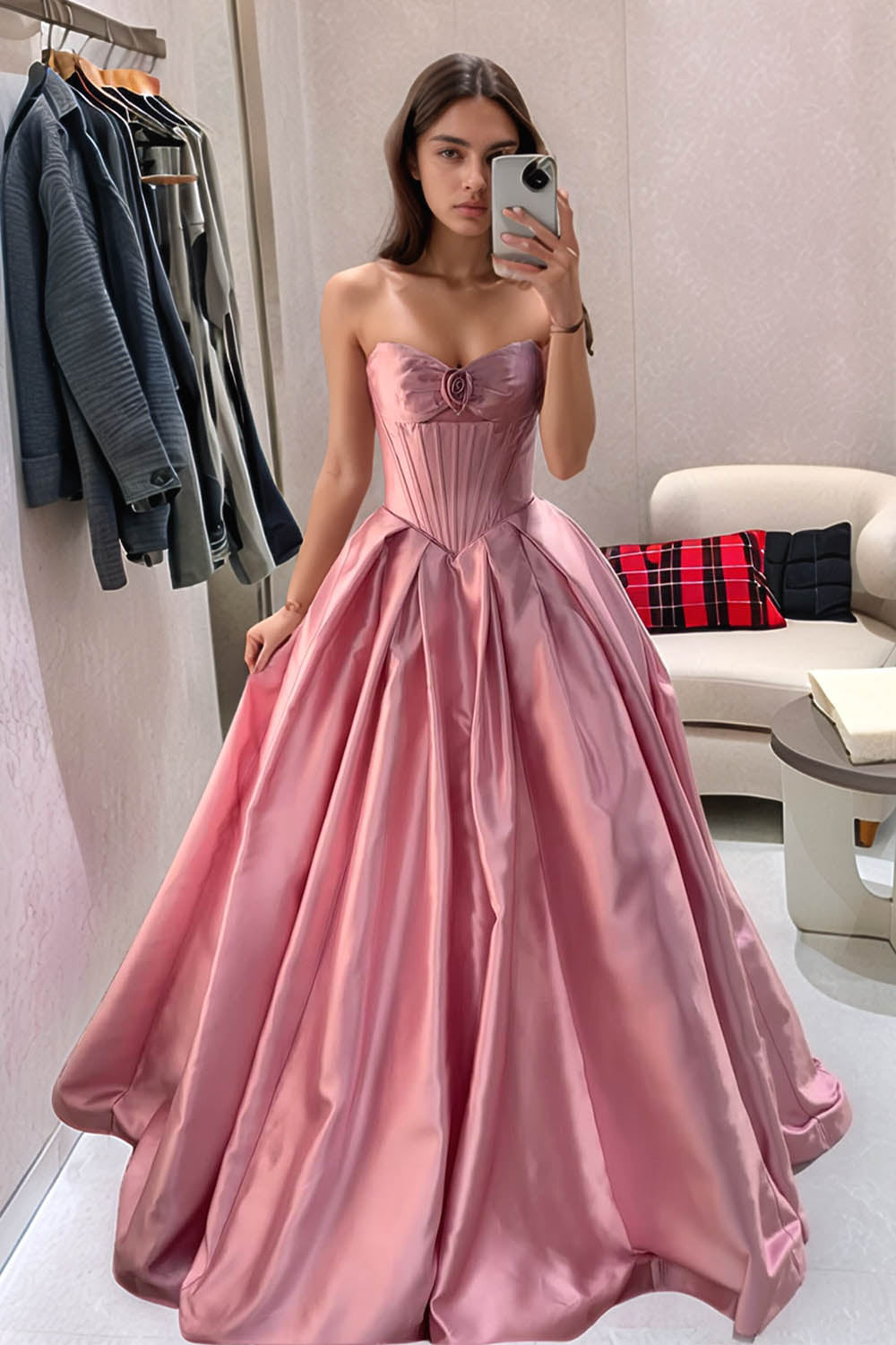 Pink Strapless Satin Prom Dress-LLELLA