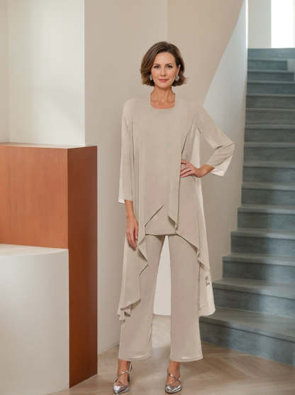Ankle-Length Mother of the Bride Pantsuits with Jacket in Chiffon Round Neck and 3/4 Sleeves-LLELLA