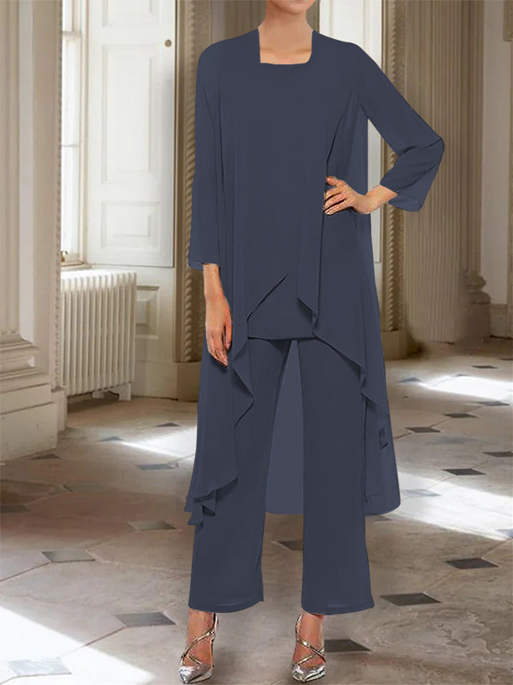 Ankle-Length Mother of the Bride Pantsuits with Jacket in Chiffon Round Neck and 3/4 Sleeves-LLELLA