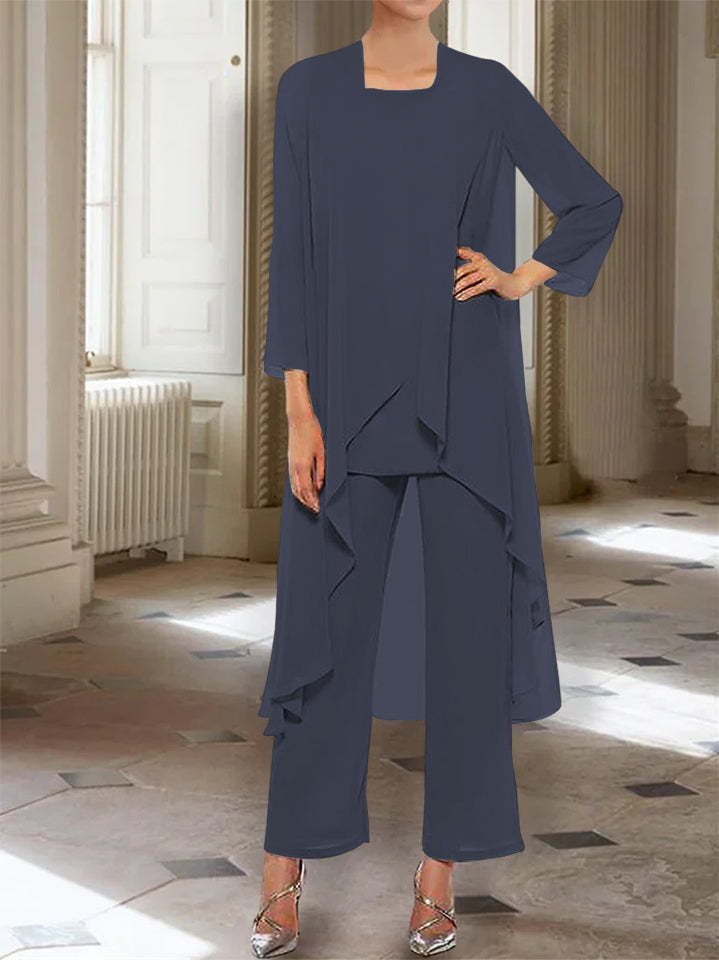 Ankle-Length Mother of the Bride Pantsuits with Jacket in Chiffon Round Neck and 3/4 Sleeves-LLELLA