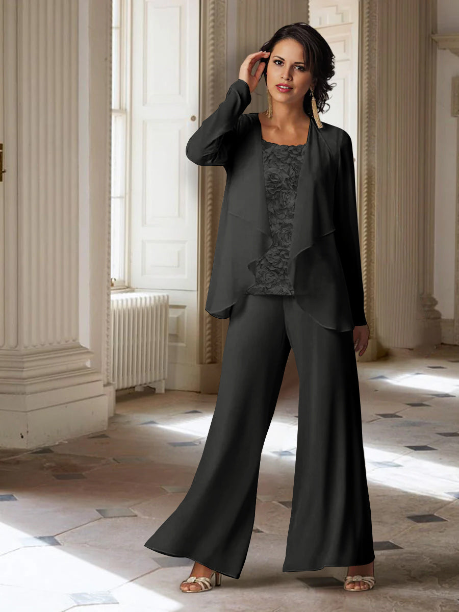 Long-Sleeve Chiffon Pantsuit with Jacket for the Mother of the Bride-LLELLA