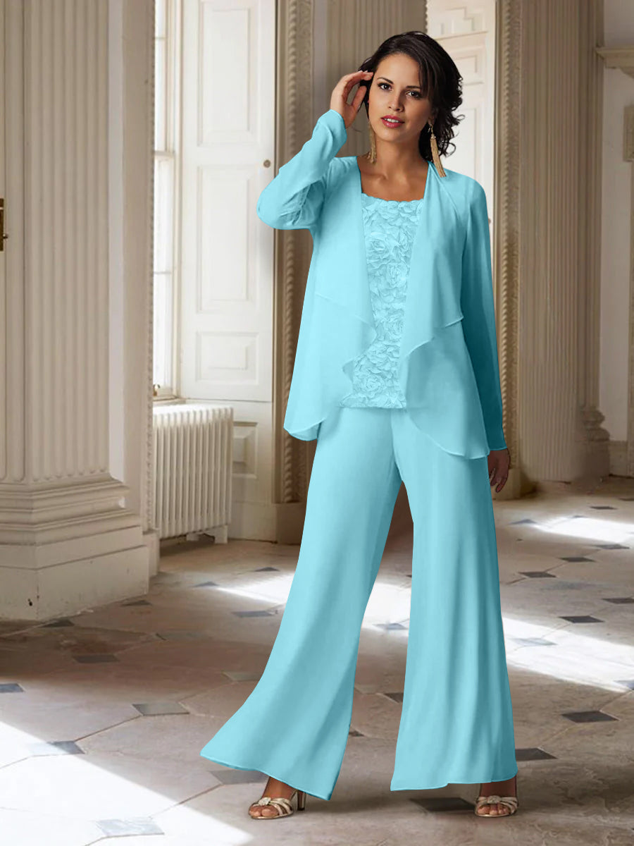 Long-Sleeve Chiffon Pantsuit with Jacket for the Mother of the Bride-LLELLA