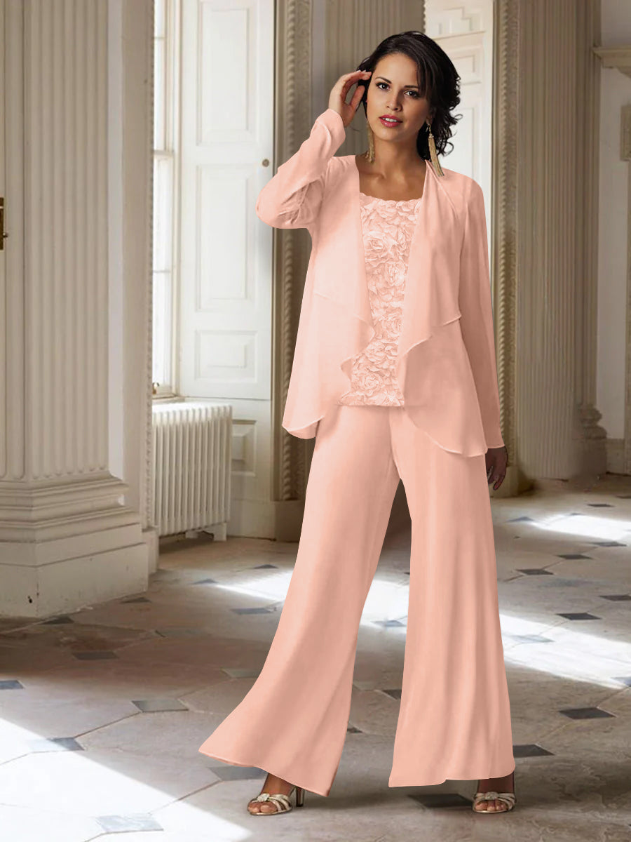 Long-Sleeve Chiffon Pantsuit with Jacket for the Mother of the Bride-LLELLA