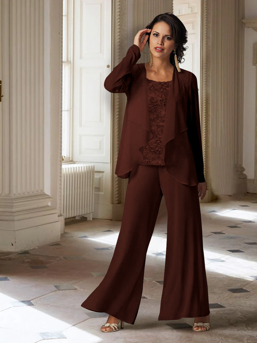 Long-Sleeve Chiffon Pantsuit with Jacket for the Mother of the Bride-LLELLA