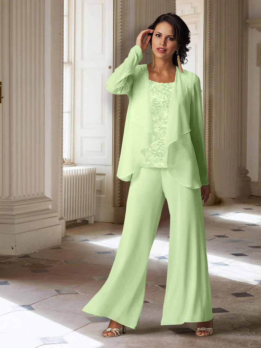 Long-Sleeve Chiffon Pantsuit with Jacket for the Mother of the Bride-LLELLA