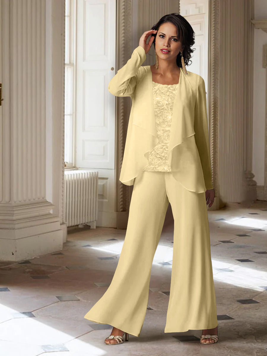 Long-Sleeve Chiffon Pantsuit with Jacket for the Mother of the Bride-LLELLA