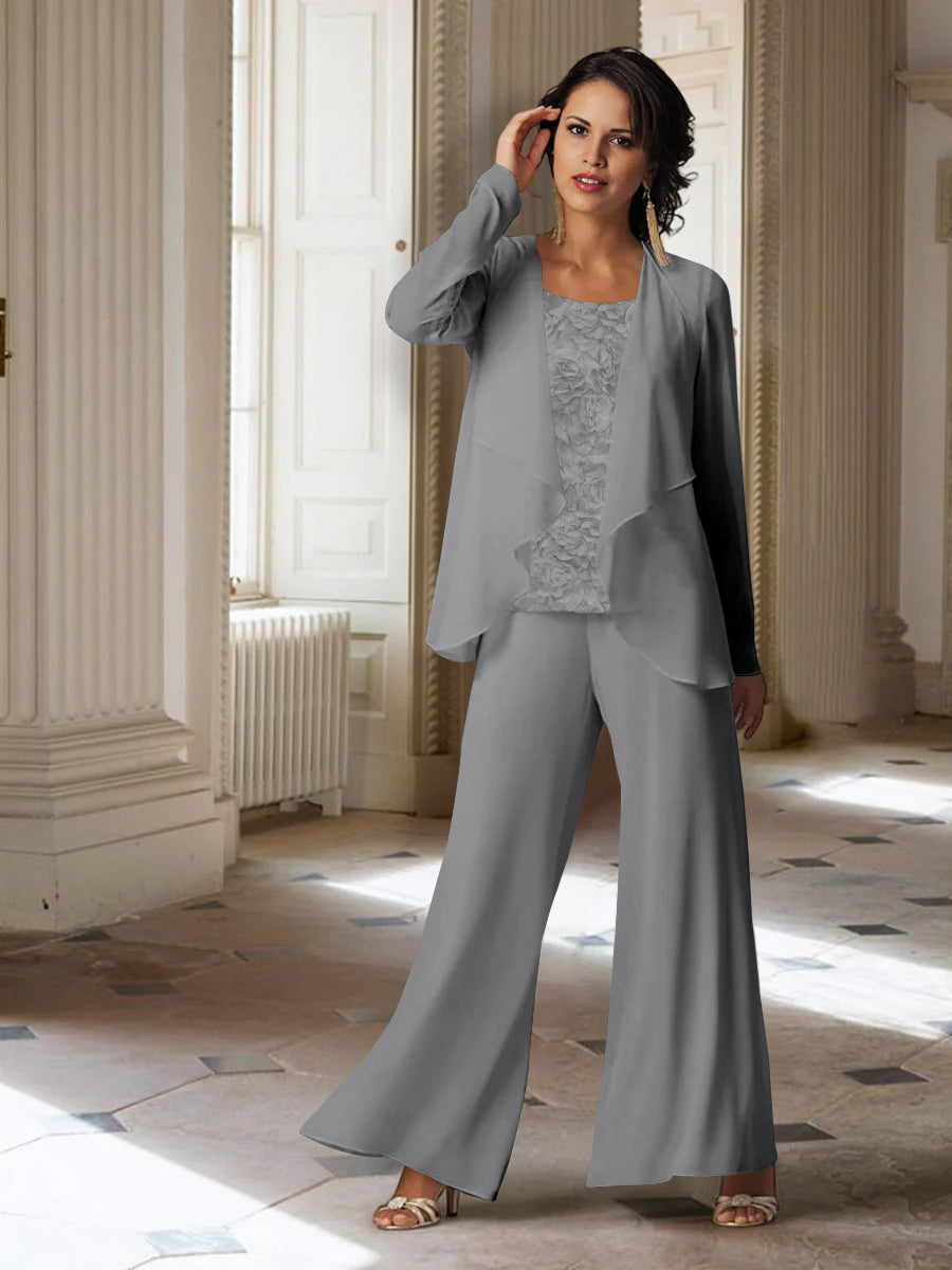 Long-Sleeve Chiffon Pantsuit with Jacket for the Mother of the Bride-LLELLA