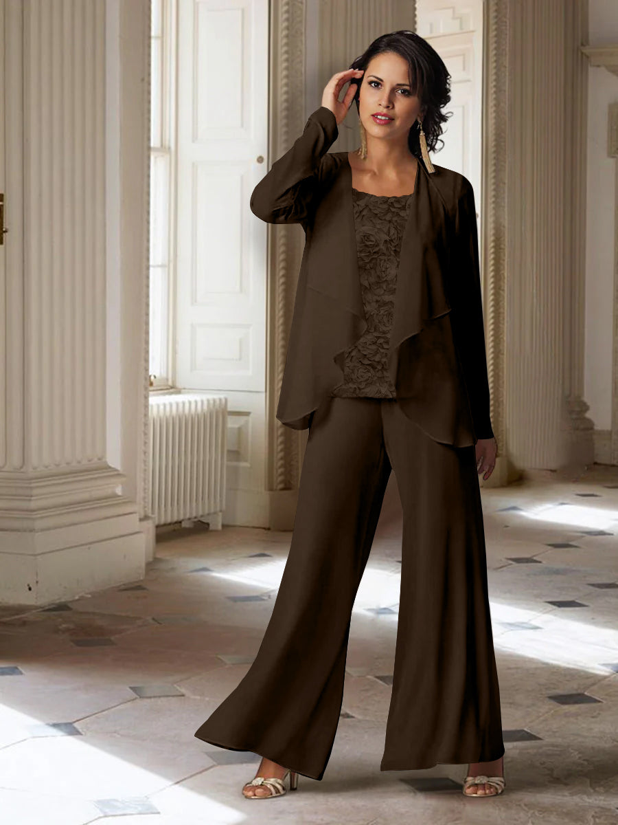Long-Sleeve Chiffon Pantsuit with Jacket for the Mother of the Bride-LLELLA