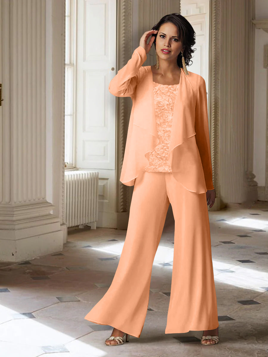 Long-Sleeve Chiffon Pantsuit with Jacket for the Mother of the Bride-LLELLA