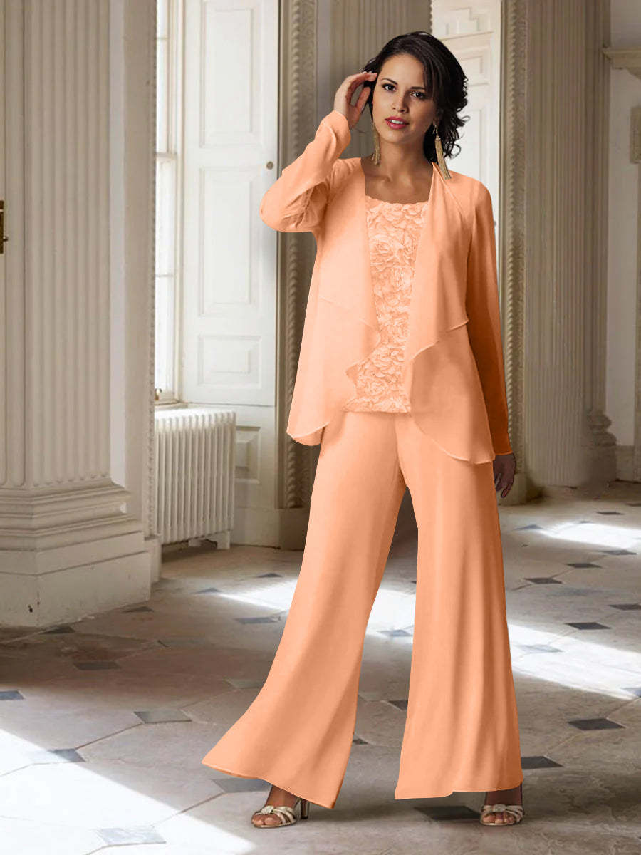 Long-Sleeve Chiffon Pantsuit with Jacket for the Mother of the Bride-LLELLA