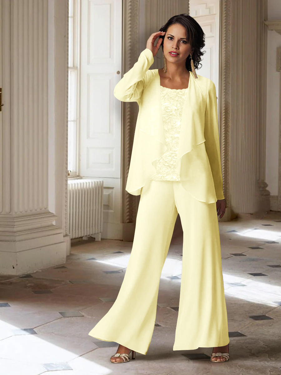 Long-Sleeve Chiffon Pantsuit with Jacket for the Mother of the Bride-LLELLA
