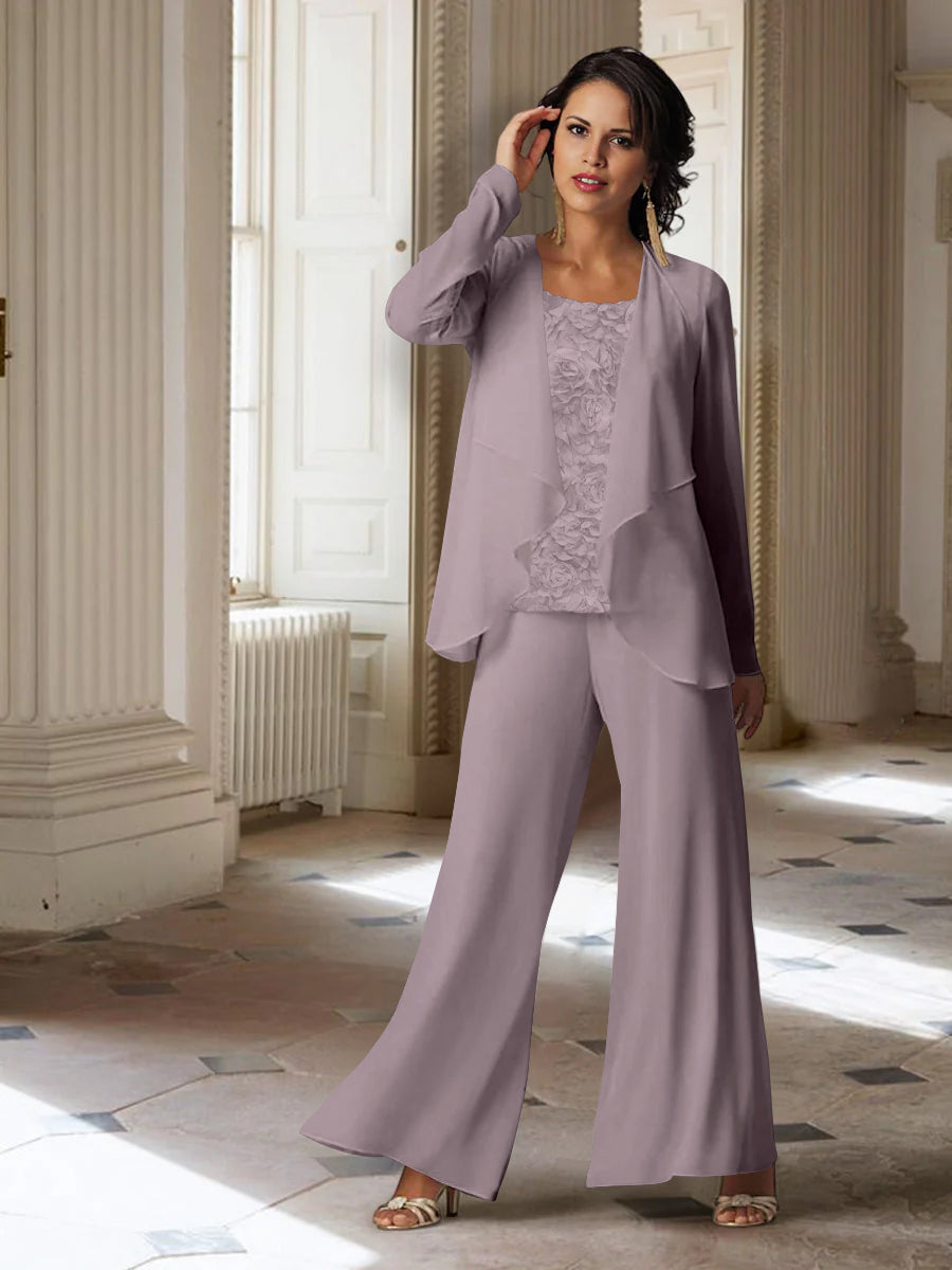 Long-Sleeve Chiffon Pantsuit with Jacket for the Mother of the Bride-LLELLA