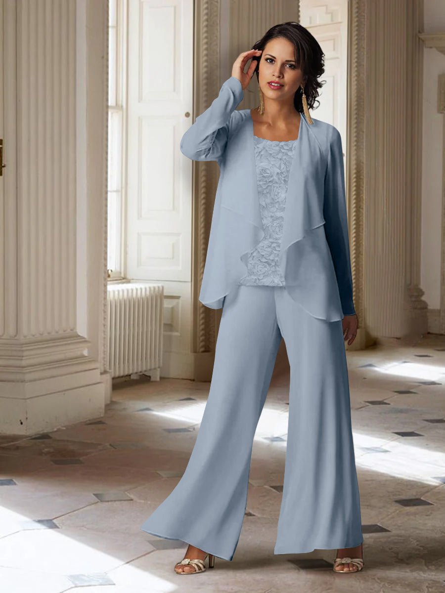 Long-Sleeve Chiffon Pantsuit with Jacket for the Mother of the Bride-LLELLA