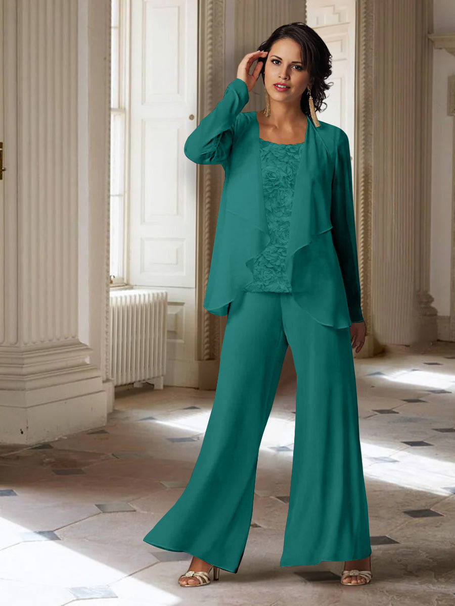 Long-Sleeve Chiffon Pantsuit with Jacket for the Mother of the Bride-LLELLA