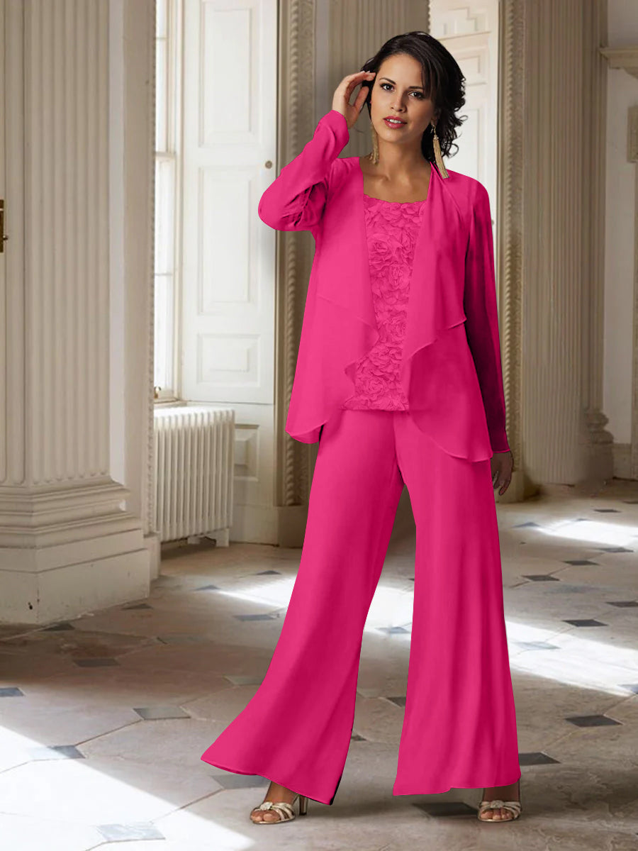 Long-Sleeve Chiffon Pantsuit with Jacket for the Mother of the Bride-LLELLA