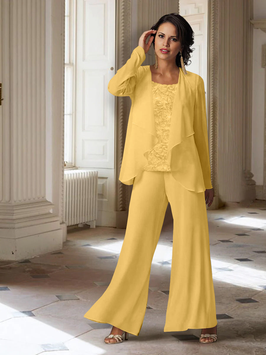 Long-Sleeve Chiffon Pantsuit with Jacket for the Mother of the Bride-LLELLA
