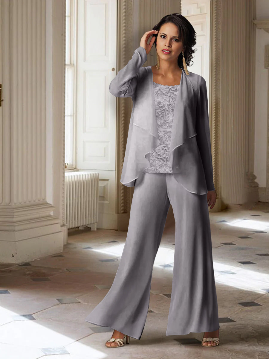 Long-Sleeve Chiffon Pantsuit with Jacket for the Mother of the Bride-LLELLA