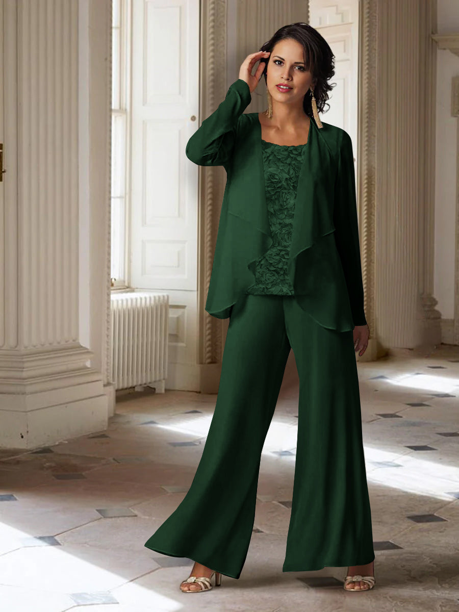 Long-Sleeve Chiffon Pantsuit with Jacket for the Mother of the Bride-LLELLA