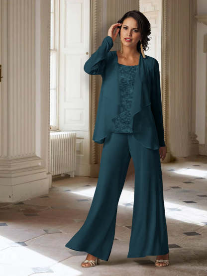 Long-Sleeve Chiffon Pantsuit with Jacket for the Mother of the Bride-LLELLA