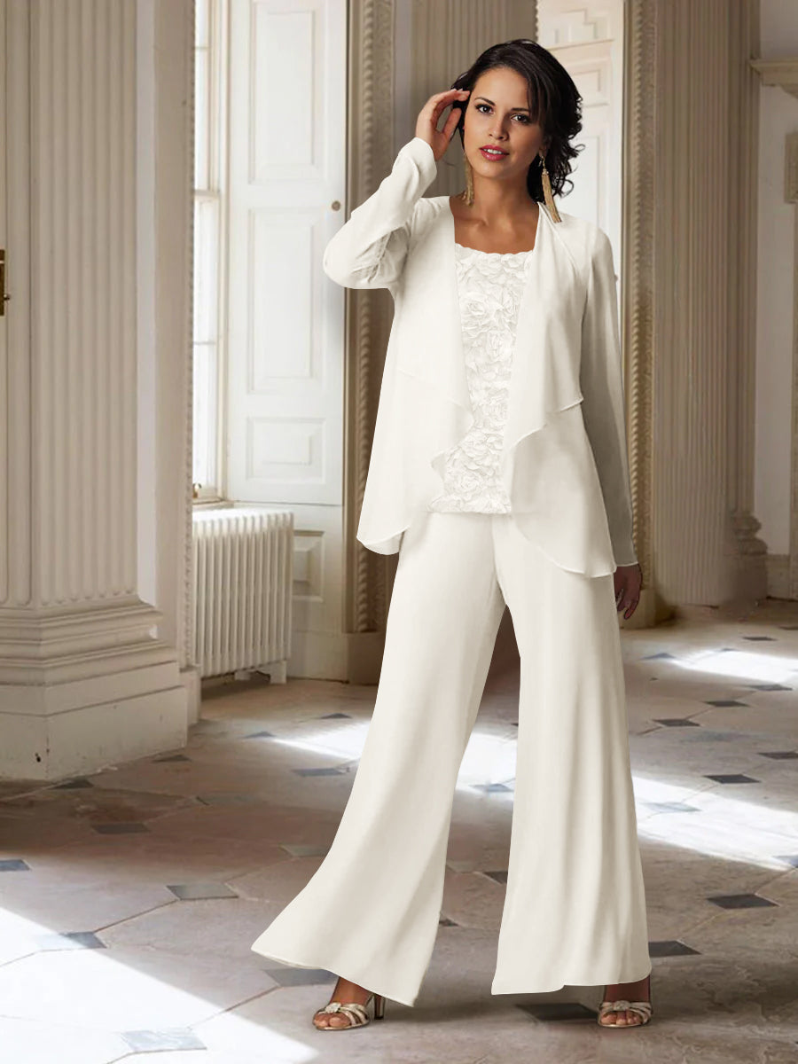 Long-Sleeve Chiffon Pantsuit with Jacket for the Mother of the Bride-LLELLA