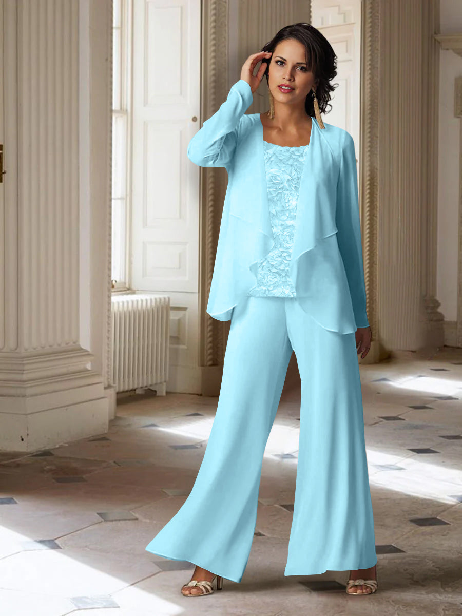 Long-Sleeve Chiffon Pantsuit with Jacket for the Mother of the Bride-LLELLA