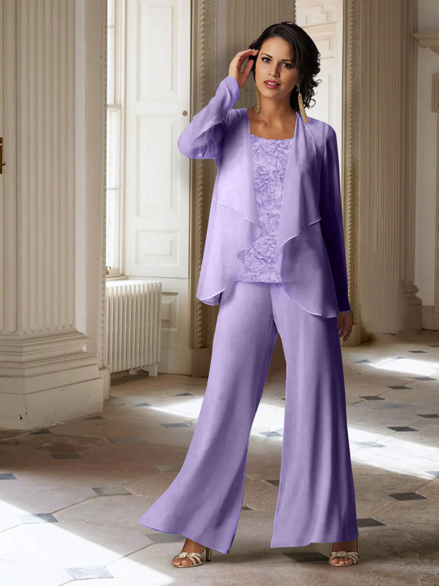 Long-Sleeve Chiffon Pantsuit with Jacket for the Mother of the Bride-LLELLA