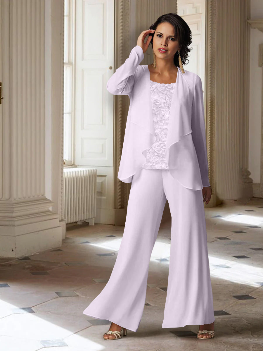 Long-Sleeve Chiffon Pantsuit with Jacket for the Mother of the Bride-LLELLA
