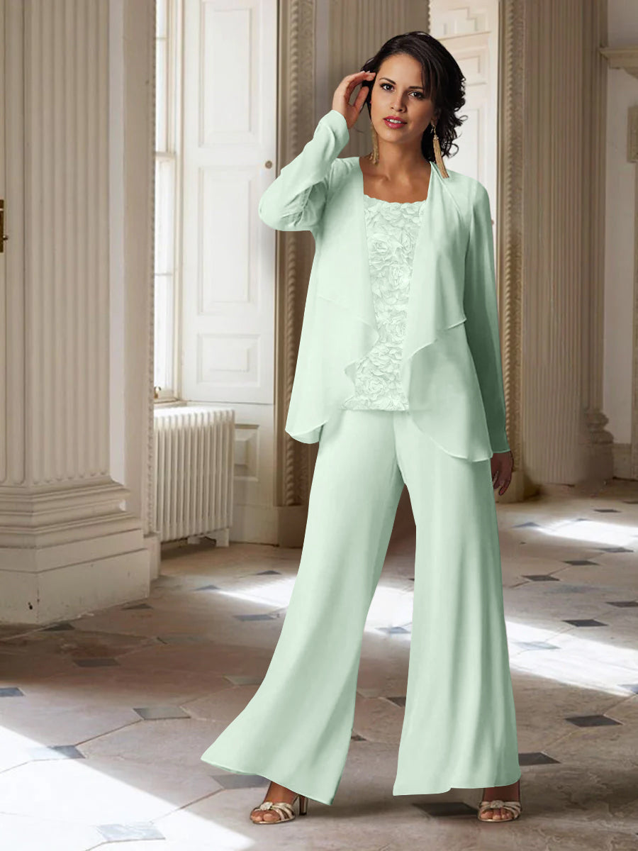 Long-Sleeve Chiffon Pantsuit with Jacket for the Mother of the Bride-LLELLA