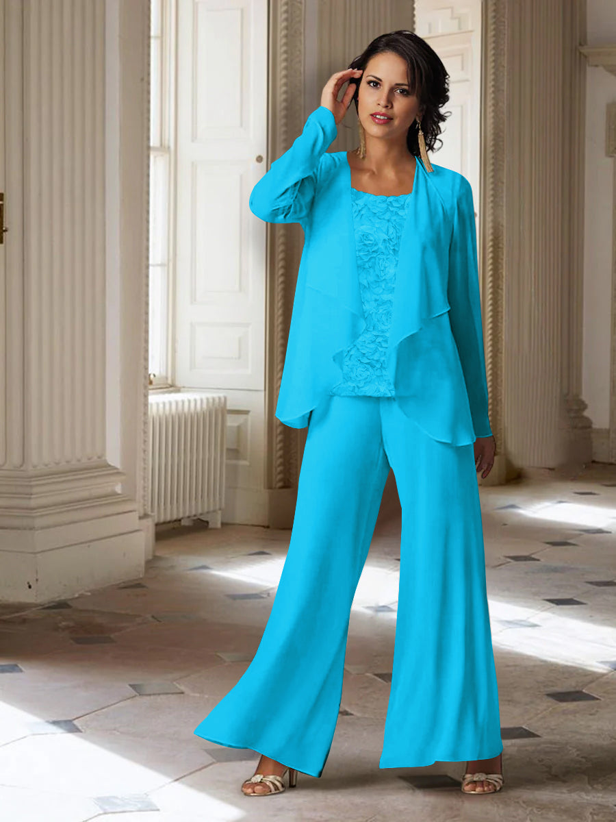 Long-Sleeve Chiffon Pantsuit with Jacket for the Mother of the Bride-LLELLA