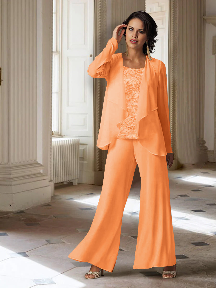 Long-Sleeve Chiffon Pantsuit with Jacket for the Mother of the Bride-LLELLA