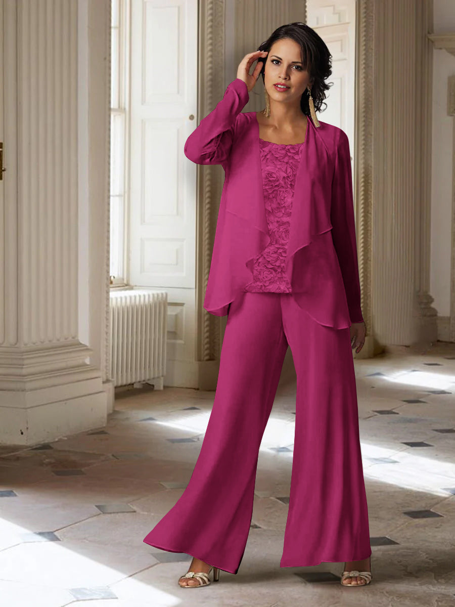 Long-Sleeve Chiffon Pantsuit with Jacket for the Mother of the Bride-LLELLA